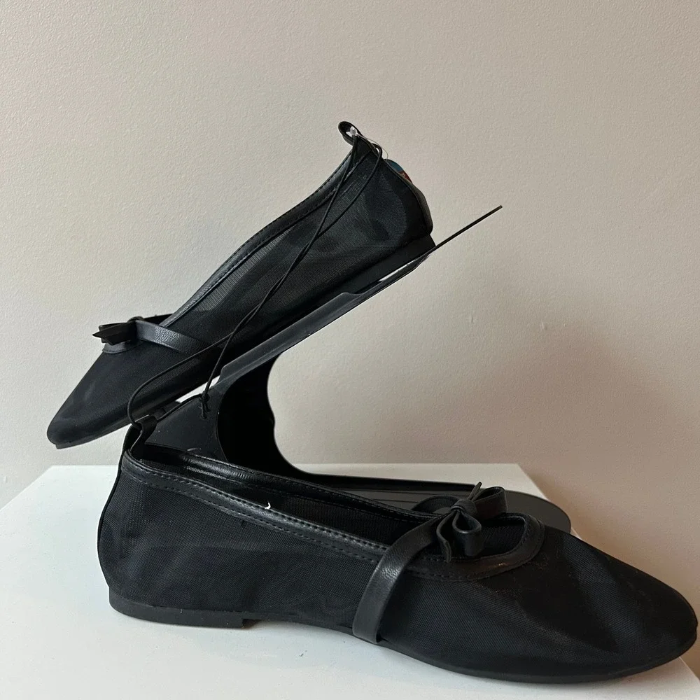 Seychelles Sheer Mesh Ballet Flats 8 Black Eloise Memory Foam Mary Jane Bow
